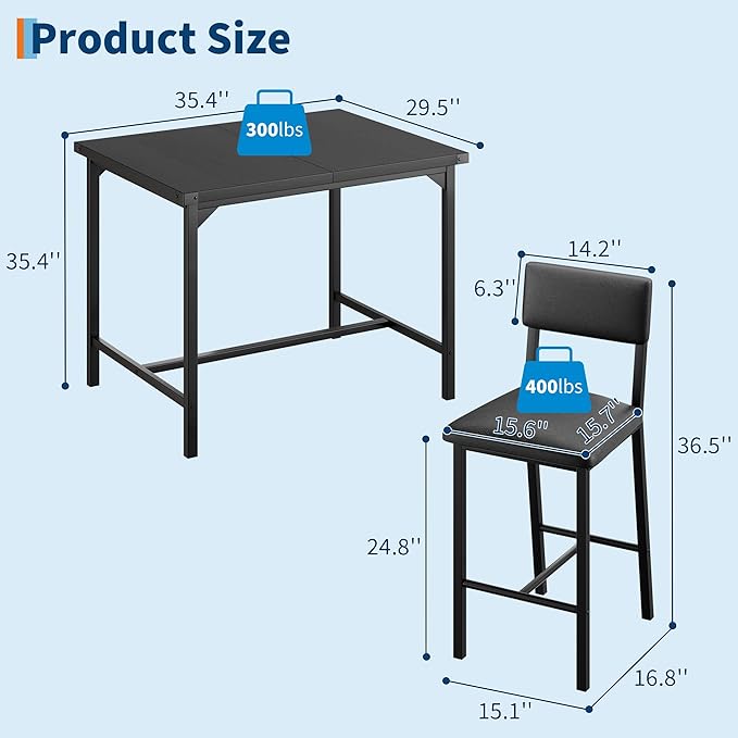 IDEALHOUSE Dining Table Set for 2 w/Counter Height Table & 2 Upholstered Bar Stools, 3-Piece Kitchen Table Set with Footrest & Corner Protector, for Kitchen Room, Apartment, Pub