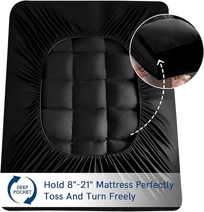 ELEMUSE King Black Mattress Topper for Back Pain, Extra Thick Mattress Pad Cover, Plush Soft Pillowtop with Elastic Deep Pocket, Overfilled Down Alternative Filling