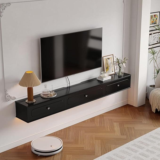 Retro Floating TV Console with 3 Doors,47'' High Gloss Floating TV Stand,Wall Mounted TV Cabinet,Contemporary Floating Media Console for Under TV Storage,Living Room,Bedroom(Black)