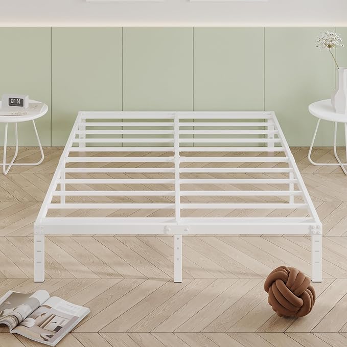 12 Inch Bed Frame Queen Size, Heavy Duty Steel Queen Bed Frame No Box Spring Needed, Mattress Foundation, Easy Assembly, Noise-Free,White