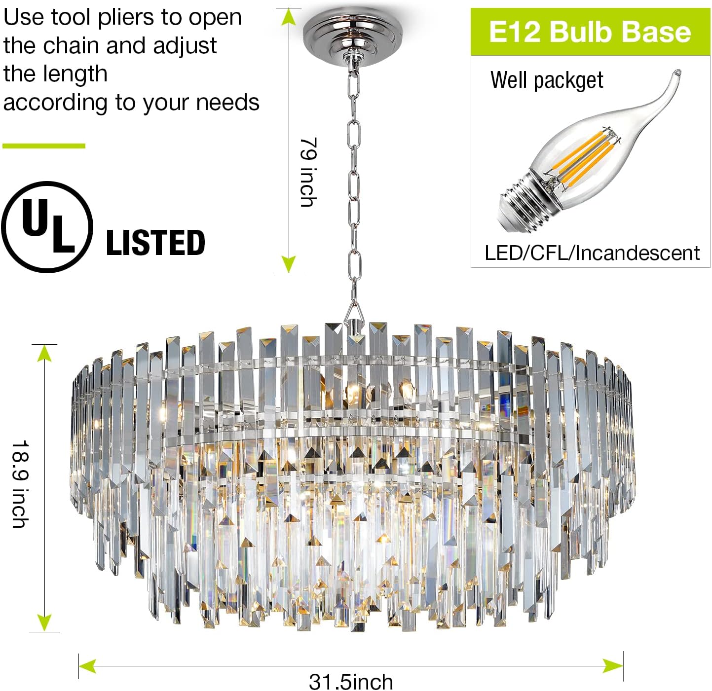 Crystal Chandelier Lighting 31'' for Dining Rooms Bedroom Foyer Entryway Ceiling Hanging Pendant Chandelier Light Fixture Lamp