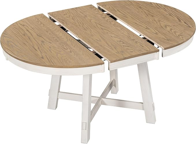 Need Extendable Farmhouse Round Dining Table with 16" Leaf - Solid Wood Kitchen Table, Adjustable Size for Small Spaces (Oak + White)