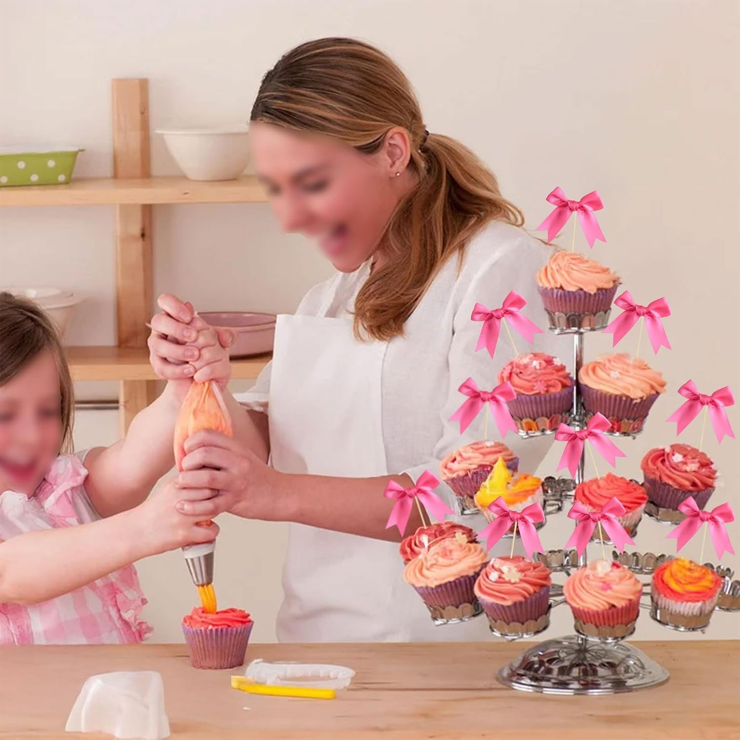 Ephlyn 24Pcs Bow Cupcake Toppers Bowknot Cake Toppers Bow Cupcake Picks Bowknot Birthday Party Decorations for Wedding Bridal Engagement Baby Shower Birthday Party Supplies Rose Red