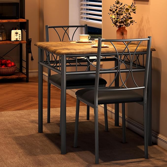 Dining Table Set for 2, Kitchen Table with 2 Upholstered Chairs, Wood 3-Piece Kitchen Dining Room Table Set for Apartment, Small Space, Space Saving, Retro Brown