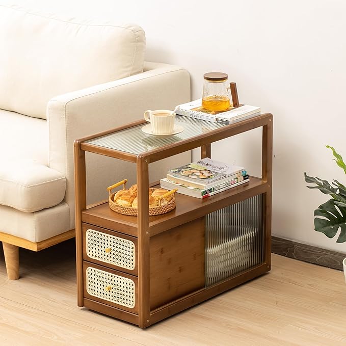 Tiita Rattan Nightstand Side Table, Bamboo Accent Bedside Tables, Glass Coffee Tables, Boho Wooden End Table with Storage for Small Space, Living Room and Bedroom