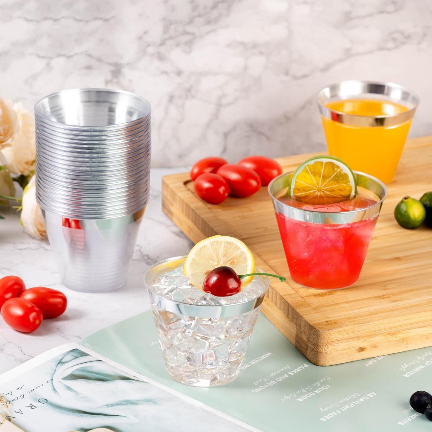 Goodluck 50PCS 9oz Plastic Cups for Party, Disposable Silver Plastic Cups, Cocktail Glasses for Wedding Thanksgiving, Christmas