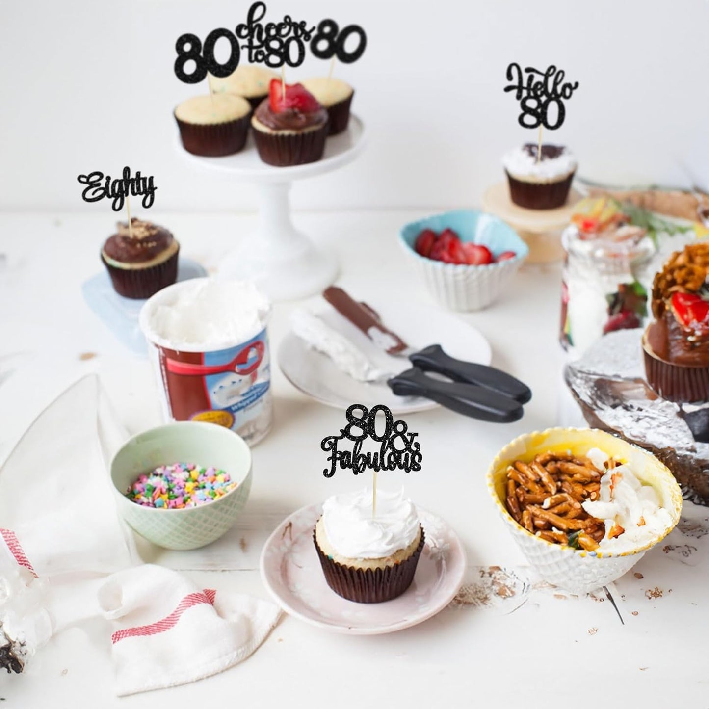 30pcs Happy 80th Birthday Cupcake Toppers - Eighty Cheers to 80 Years Old - Black Glitter
