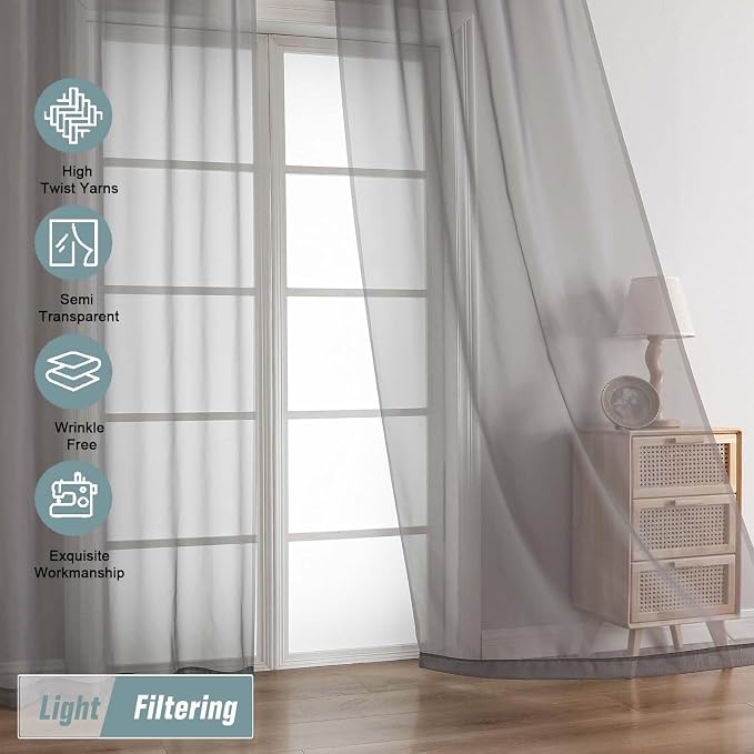 Grey Sheer Curtains for Window 96 Inches Long 2 Panels, Light Filtering Voile - Image 5