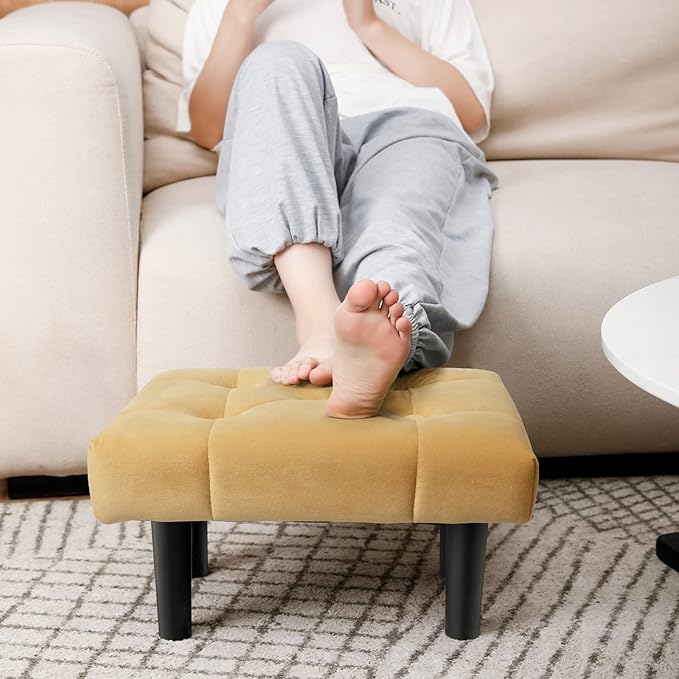HOUCHICS Small Footstool Ottoman, Velvet Wooden Foot Stool Ottoman with Wood Legs, Sofa Footrest Extra Seating for Living Room Entryway Office(Yellow 2PACK)