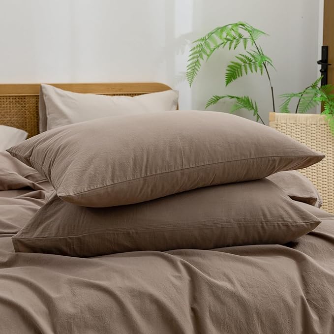 BESTOUCH Duvet Cover Set 100% Washed Cotton Linen Feel Super Soft Comfortable Chic Lightweight 3 PCs Home Bedding Set Solid Pine Bark Brown King