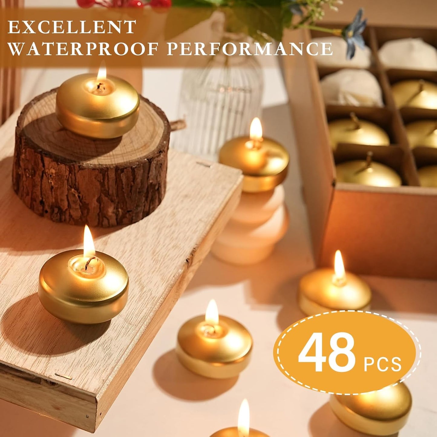 2 inch Gold Floating Candles, 48 Pack Unscented Floating Candles for Centerpieces,5-6 Hours Water Activated Candle Bulk for Cylinder Vases Wedding Pool