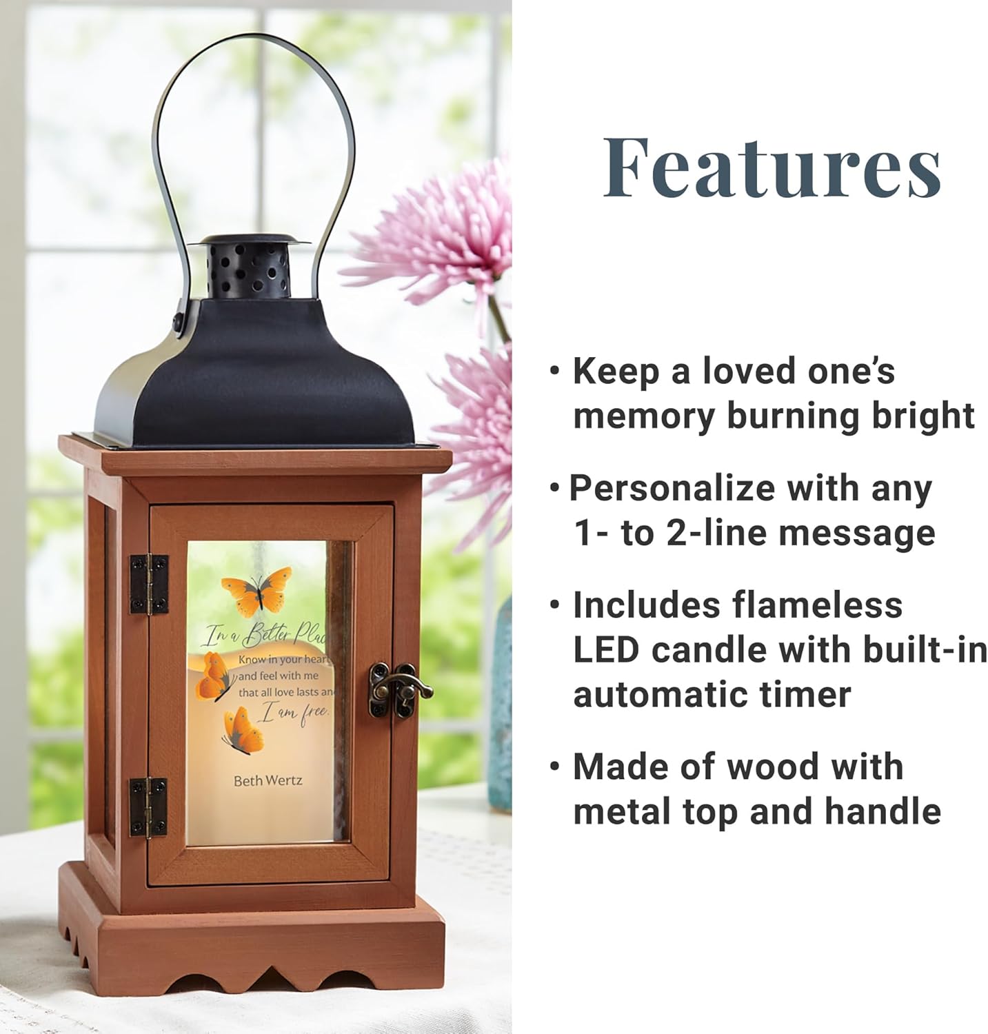 Let's Make Memories Personalized Memorial Lantern - Sympathy - Condolences - in Memory - LED Candle - Automatic Timer - Wood/Metal - I Am Free