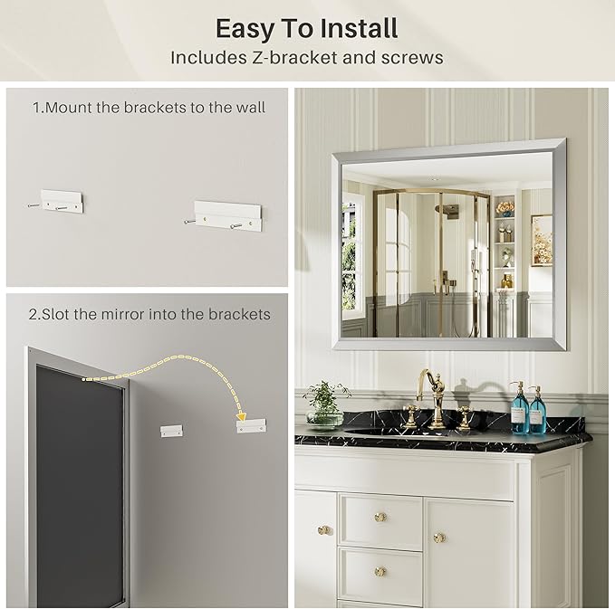 60x36 Inch Silver Bathroom Mirror for Wall, Thick Metal Framed Rectangle Mirrors for Over Sink, Bedroom, Living Room, Entryway, Anti-Rust, HD Tempered Glass