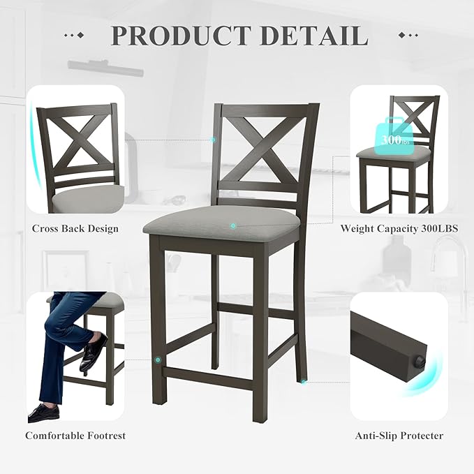 Upholstered Counter Height Bar Stools Set of 6, Modern Kitchen Island Barstools Chairs with Cross Back and Wood Legs for Dining Room Bar, Dark Grey