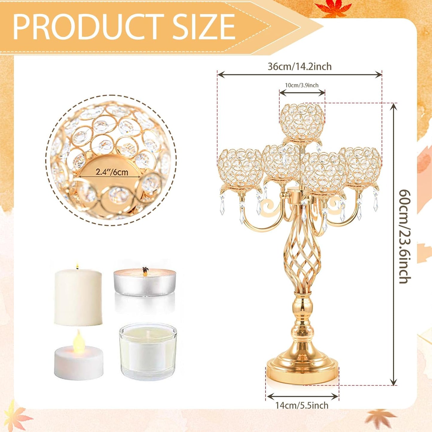 5-Arm Crystal Candelabra Centerpiece 23.2" Tall - Elegant Candle Holder Stand with Crystal Bowl, Chic Table Decor for Weddings, Parties, Anniversary & Home Decoration (2, Gold)