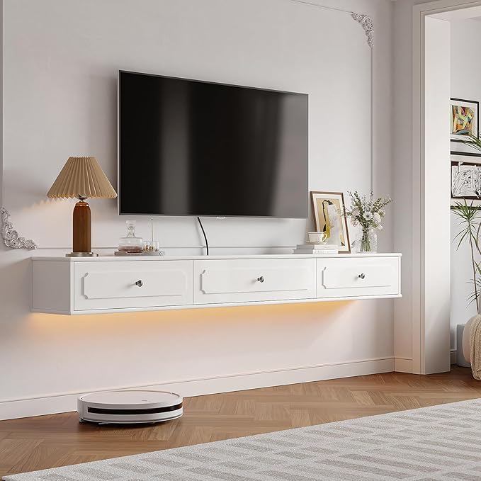 Retro Floating TV Console with 3 Doors,70'' High Gloss Floating TV Stand,Wall Mounted TV Cabinet,Contemporary Floating Media Console for Under TV Storage,Living Room,Bedroom(White)