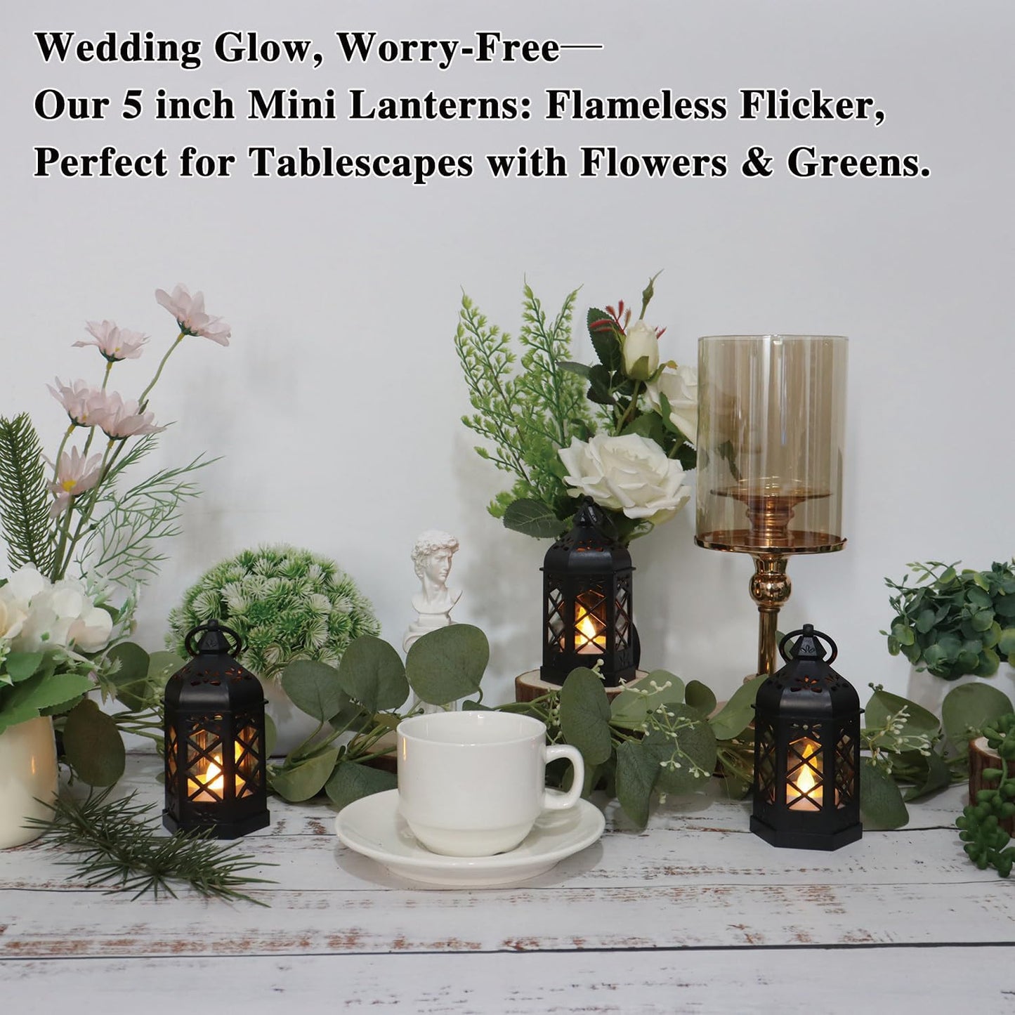 LLQ (8Pack-5Inch) Mini Lantern with Flickering LED Candle for Table Centerpiece, Black Halloween Decorations, Small Hanging Decorative Lantern for Wedding Christmas, Fall Garden Party Decor for Home