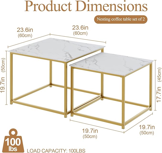 Garden 4 you Coffee Table Set of 2, Modern Engineered Wood Nesting Table, Metal Frame Square Center Table Set, Side Tables, Nesting Coffee Table for Living Room, Bedroom and Small Spaces, 23.6in Gold