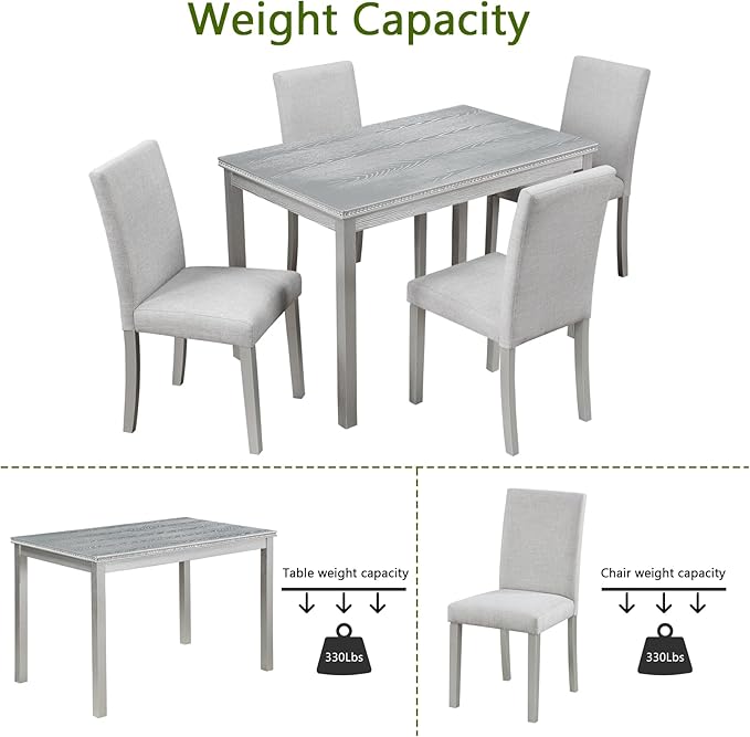Ball & Cast 5 Piece Dining Table Set,Kitchen Table Set for 4 W/ 45.5" Rectangular Wooden Dining Table,Living Room Furniture W/ 4 Upholstered Chairs,for Dining Room,Kitchen,Silver Grey