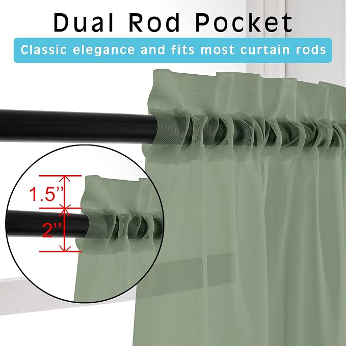 OVZME Sage Green Sheer Curtains 36 inches Long, Short Kitchen Window Treatment - Image 4
