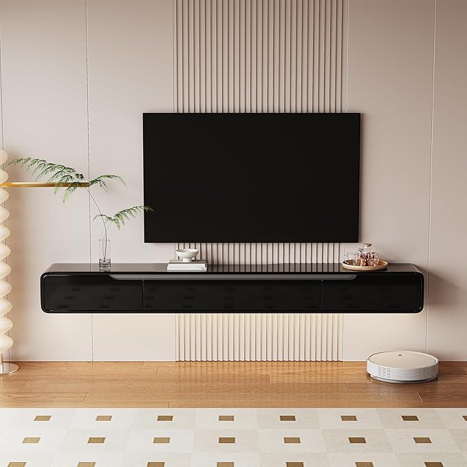 High Gloss Floating TV Stand with 3 Doors,70'' Wall Mounted TV Cabinet,Under TV Console,Floating Media Shelft for Bedroom Living Room(Black)