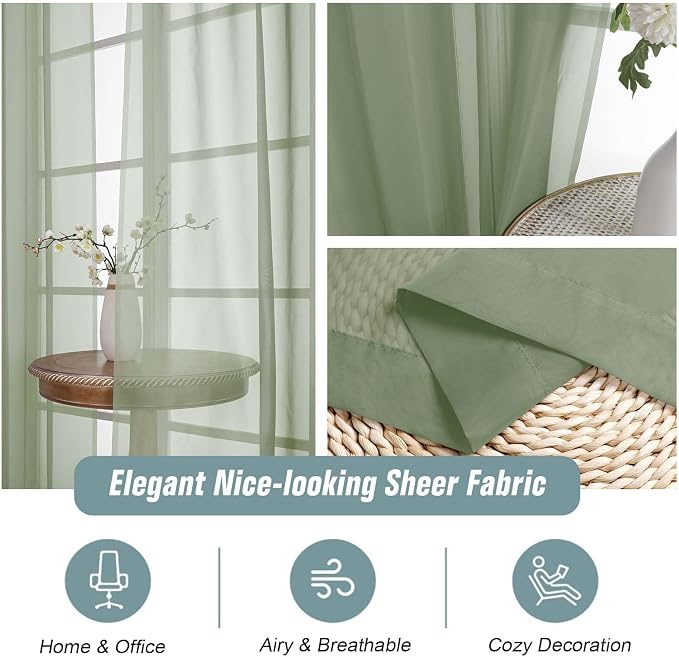 Sage Green Sheer Curtains 63 Inch Length 2 Panels, Voile Sheer Curtain - Image 4