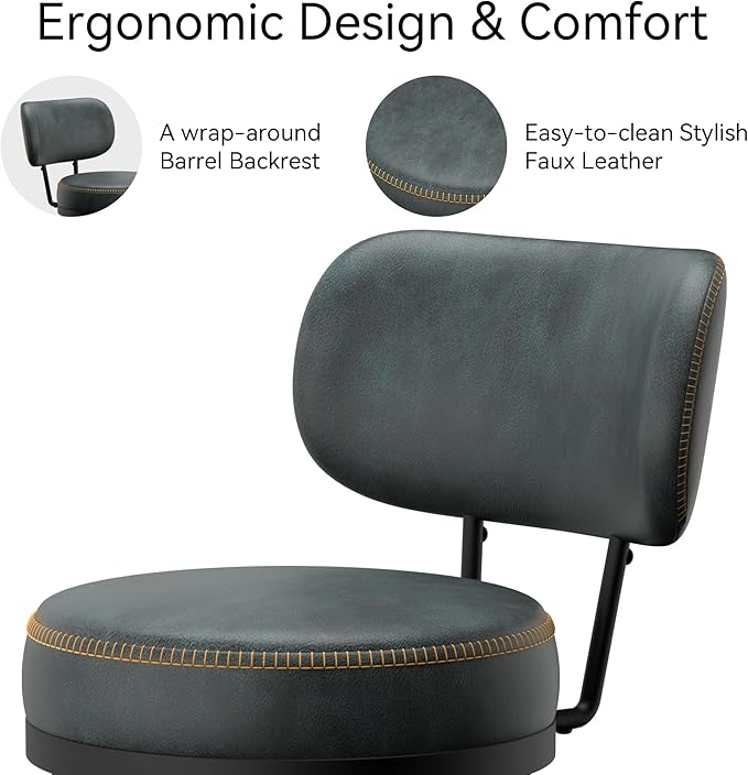 Counter Height Bar Stools, 26" H Swivel Barstools Set of 4, Faux Leather Kitchen Counter Stools with Back and Stylish Stitching, Metal Frame, Pub, Home Bar, Balck Green