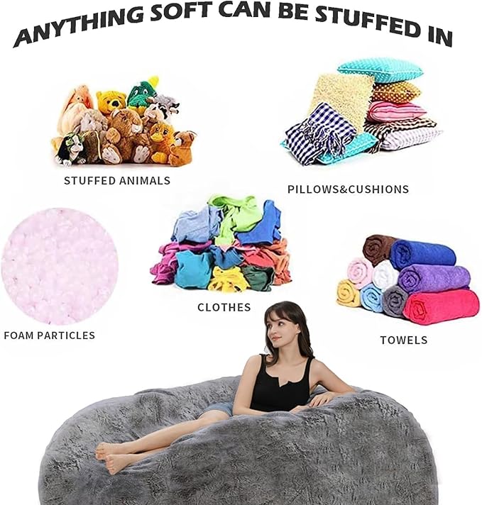 BCU 7FT Big Bean Bag for Adults Kids Without Filling Oversized Bean Bag Chair Cover for Stuffed Animal Storage, Rose Red