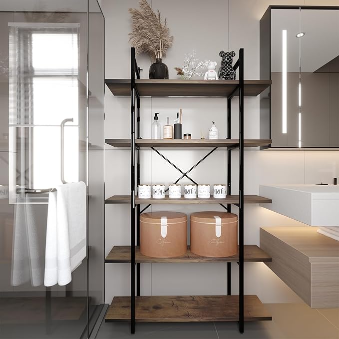 5 Tiers Bookshelf Organizer Industrial Shelf,Modern Open Display Storage Bookcase,Rustic Brown and Metal Bookshelf Standing Storage Shelf Tall Shelving Units for Home Office Study.