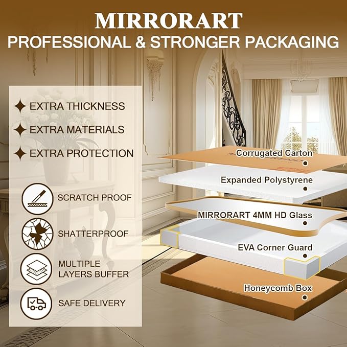 Brushed Gold Bathroom Mirror, 24x40 Inch Gold Irregular Bathroom Vanity Mirror, Gold Asymmetric Mirror with Stainless Steel Frame, Metal Framed Wall Mounted Accent Mirror Vertical Only
