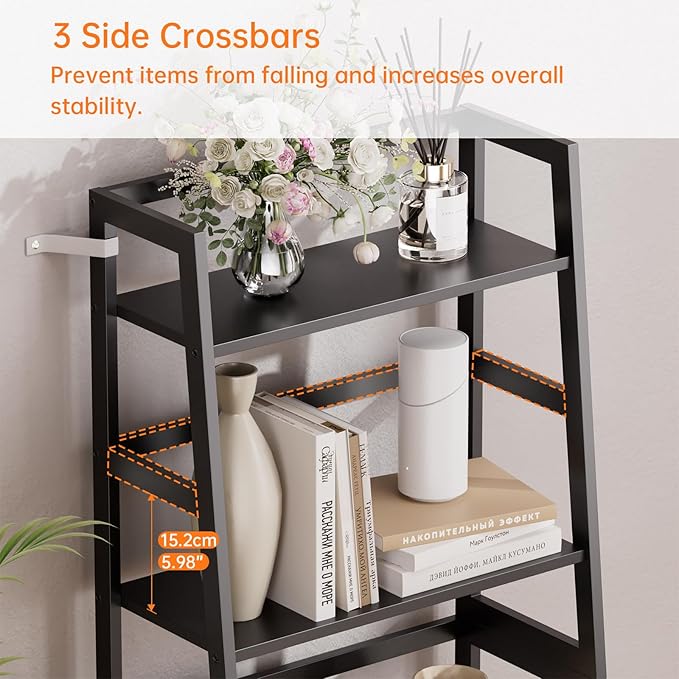 HITNET Ladder Shelf Black, 4-Tier Bookshelf, Freestanding Bathroom Storage Rack with Bamboo Frame, Plant Display Stand for Living Room, Kitchen, Home Office