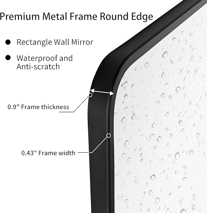 30"x36" Bathroom Wall Mirror with Matte Black Metal Frame & HD Glass, Copper-Free Mirrors Modern Rectangle Round Corner Framed Vanity Mirror - Horizontal or Vertical Installation