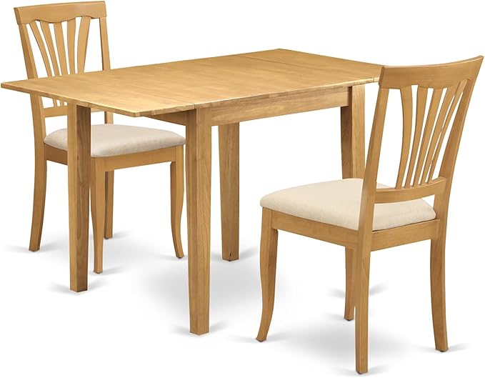 East West Furniture NDAV3-OAK-C 3 Piece Dining Room Table Set Contains a Rectangle Kitchen Table with Dropleaf and 2 Linen Fabric Upholstered Dining Chairs, 30x48 Inch, Oak