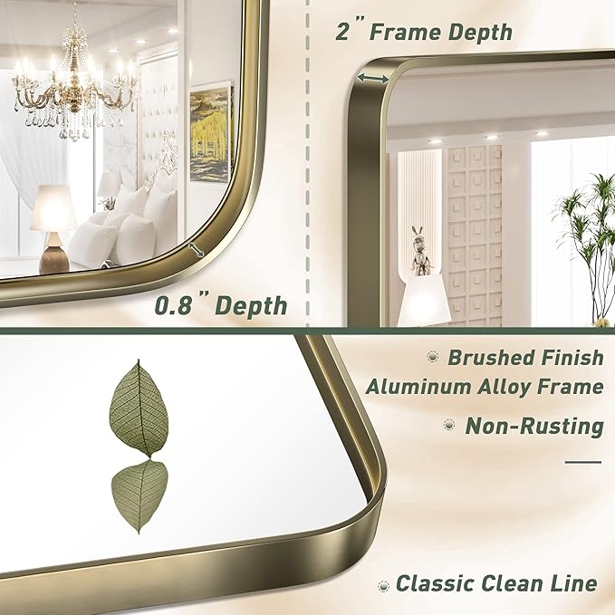 TokeShimi 48x36 Inch Brushed Gold Bathroom Vanity Mirror for Wall with Non-Rusting Aluminum Alloy Metal Frame Rounded Corner for Farmhouse Modern Home Decor (Horizontal/Vertical)