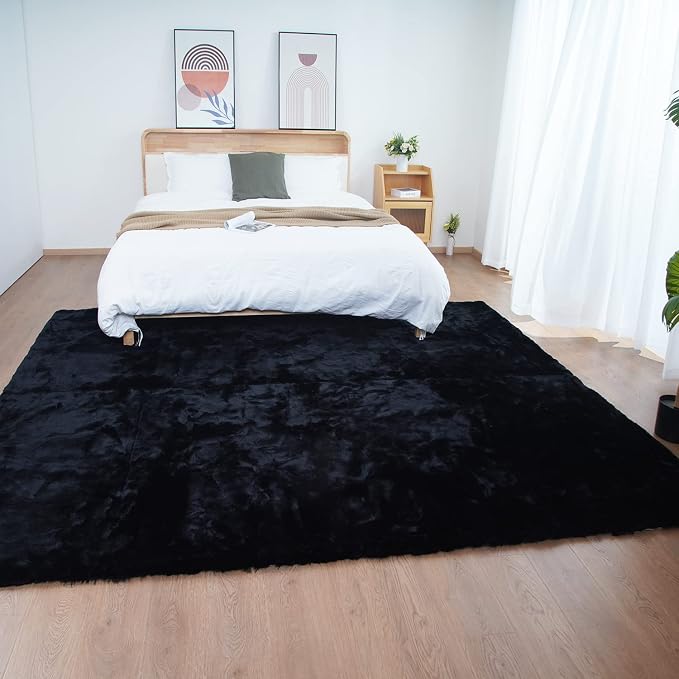 Ghouse Black Faux Rabbit Fur Rug 5x7 Machine Washable Area Rugs - Image 2