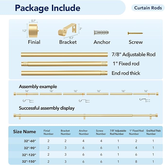 2 Pack Curtain Rods for Windows 66 to 120 Inch(5.5-10ft), 1 Inch Gold Heavy Duty Curtain Rods Set, Adjustable Extra Long Curtain Rod for Patio Bedroom, Outdoor Drapery Rods, Size 32"- 120"