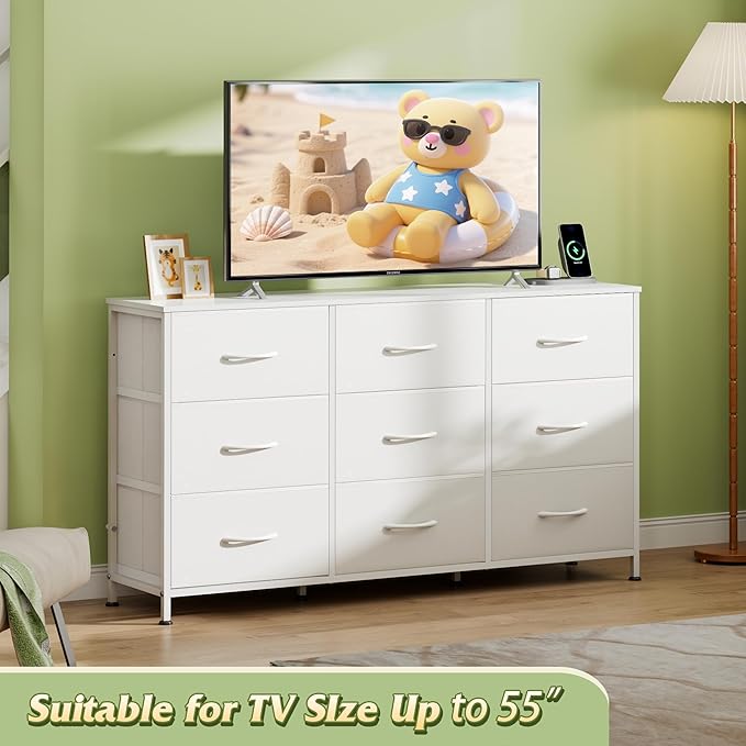 WLIVE 47''W Dresser for Bedroom, White Dresser TV Stand for 45, 50, 55 inch TV, Wide Chest of Drawers with 9 Drawer, Large Entertainment Center, Fabric Dressers with Wood Top for Closet, Living Room