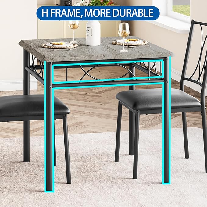 IDEALHOUSE Dining Table Set for 2, Square Dinner Table Sets with 2 Upholstered Chairs, Small Kitchen Table and Chairs for 2, Corner Dining Room Table Set for Apartment, Small Space, Dinner, Retro Gray