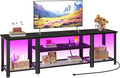 WelFurGeer Industrial Metal TV Stands with RGB LED Lights & Built-in Power Outlets - Modern TV Entertainment Center for Living Room, Open Grid Design TV Console with Storage (Black)