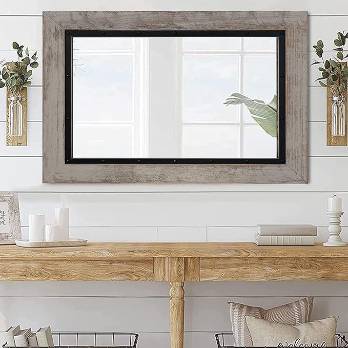 YOSHOOT Rustic Wooden Framed Wall Mirror, Natural Wood and Iron Bathroom Vanity Mirror for Farmhouse Decor, Vertical or Horizontal Hanging, 60" x 30", Grey