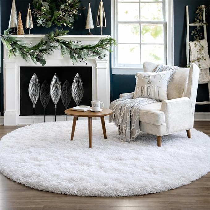 Round Rugs 5Ft White Circle Area Rug, Fluffy Fuzzy Bedroom Carpets - Image 6