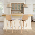 Vienna Modern Swivel Bar Height Stool with Grey Upholstered Seat and Patterned Oak Wood Frame Set of 3