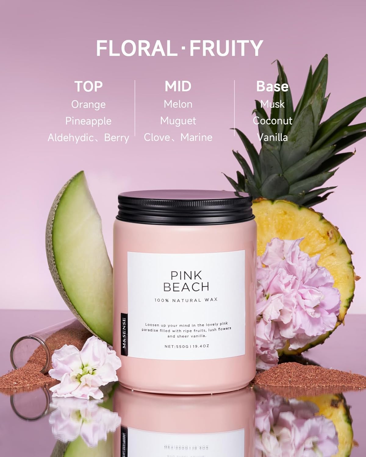 M&SENSE Pink Beach Sands Jar Candle, 19.4oz Pineapple Coconut Scented Natural Soy Candles for Home Scented, 110 Hour Burn Time, Home Decor Gift for Women, Friends, Family, Colleagues, Couples