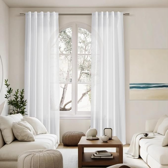 Linen White Curtains 108 Inches Long 2 Panels Set Back Tab Rod Pocket Semi - Image 6