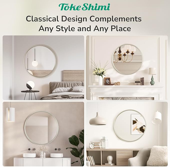 TokeShimi 16 in Round Bathroom Vanity Mirror Framed Brushed Nickel Bathroom Mirror for Wall Farmhouse, 16x16 Shatterproof Circle Bathroom Mirrored for Living Room, Bedroom, Entryway, Restroom