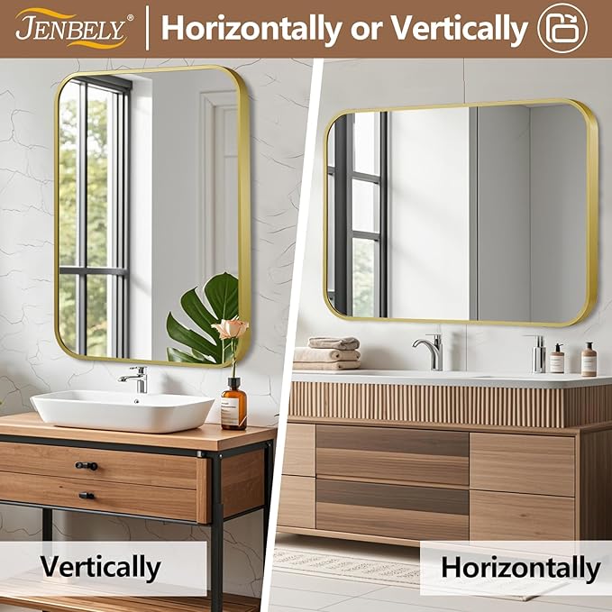 48x30 Inch Gold Mirror, Framed Rectangle Mirror with Rounded Corner, Brushed Brass Mirror, Gold Bathroom Mirror for Over Sink, Vanity, Living Room, Bedroom, Horizontal/Vertical