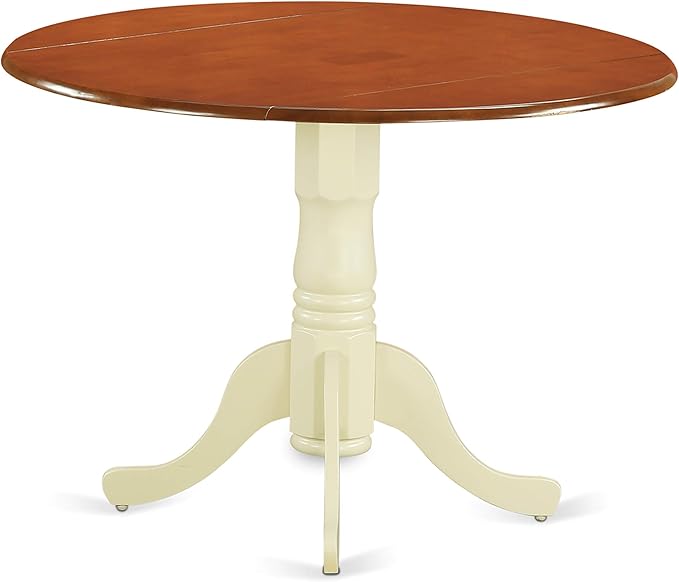 East West Furniture DLPL5-BMK-C 5 Piece Dinette Set for 4 Includes a Round Dining Table with Dropleaf and 4 Linen Fabric Dining Room Chairs, 42x42 Inch, Buttermilk & Cherry
