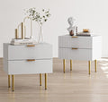 White Nightstand for Bedroom, Fluted Night Stand Set of 2, Mid Century Modern Bedside Table with Gold Metal Legs