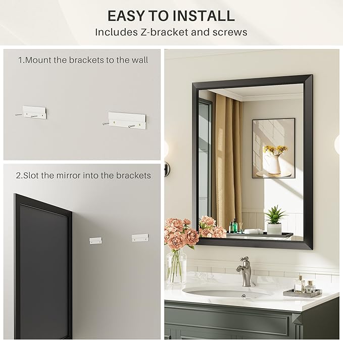 36x32 Inch Black Bathroom Mirror for Wall, Thick Metal Framed Rectangle Mirrors for Over Sink, Bedroom, Living Room, Entryway, Anti-Rust, HD Tempered Glass