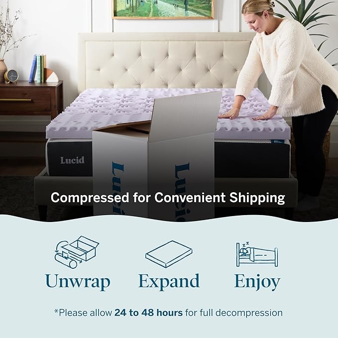 Lucid Lavender Infused 3 Inch Memory Foam Mattress Topper - Twin Size - Plush Feel - 5 Convoluted Zones - CertiPUR Certified - New Home Owner & Dorm Room Essentials
